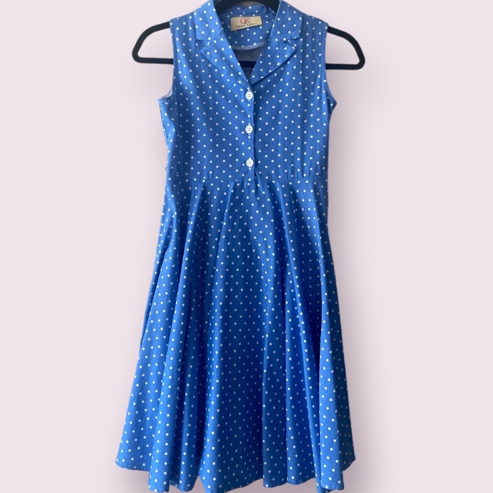Grace Karin Blue and White Polka Dot sleeveless dress size 10-12